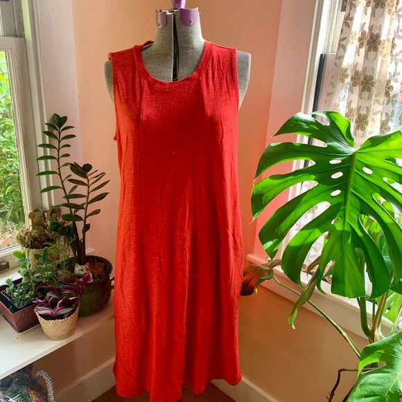 J. Jill Swing Dress Sz M TALL Coral Red Slub Knit Sleeveless POCKETS Comfy - Picture 1 of 7